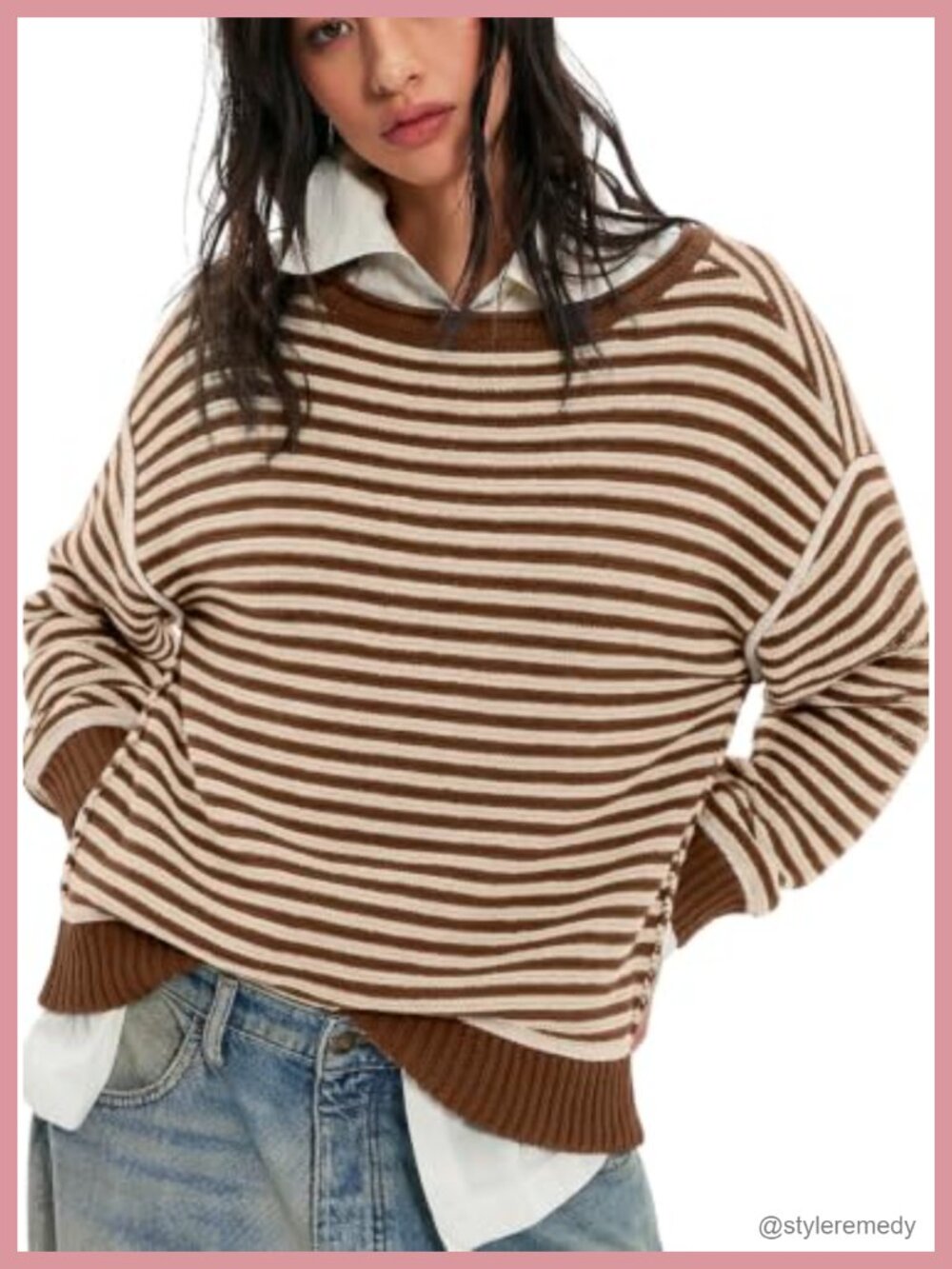 Women's Oversized Striped Pullover Sweater | Cotton Blend Long Sleeve Crewneck